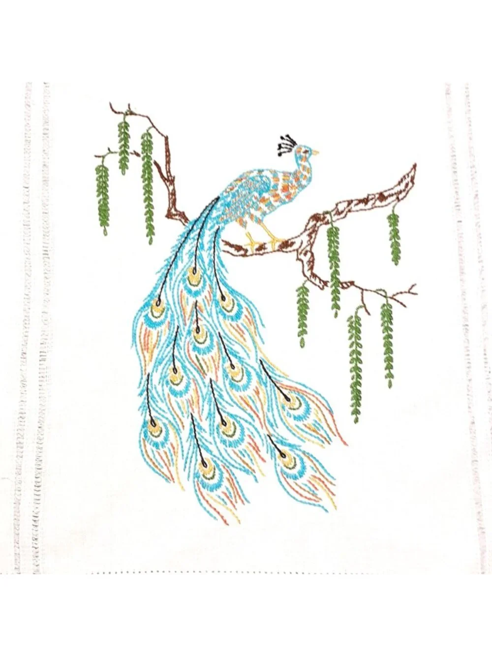 Hand-Embroidered White Cotton Table Runner With Colorful Peacock Design 14 x 36